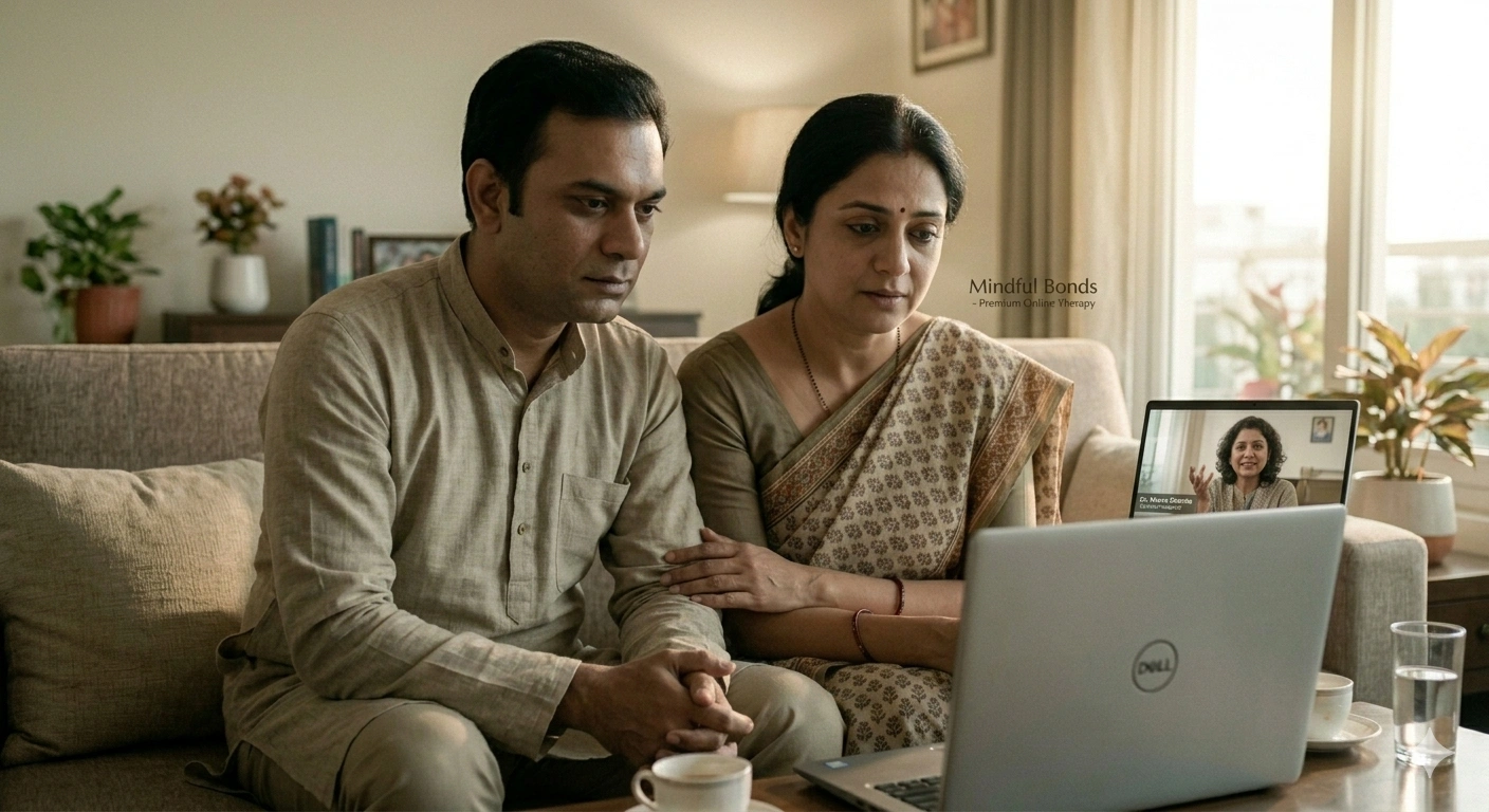 Indian couple attending online marriage intimacy therapy session from home.
